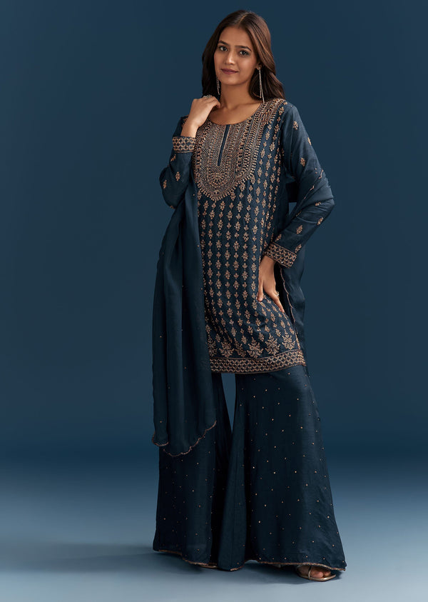 Teal Blue Silk Palazzo Suit With Cut Dana Work And Dupatta