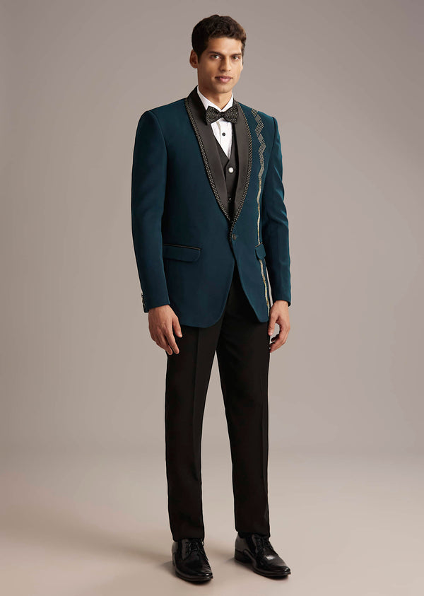 Teal Blue Tuxedo For Men With Cutdana Embroidery