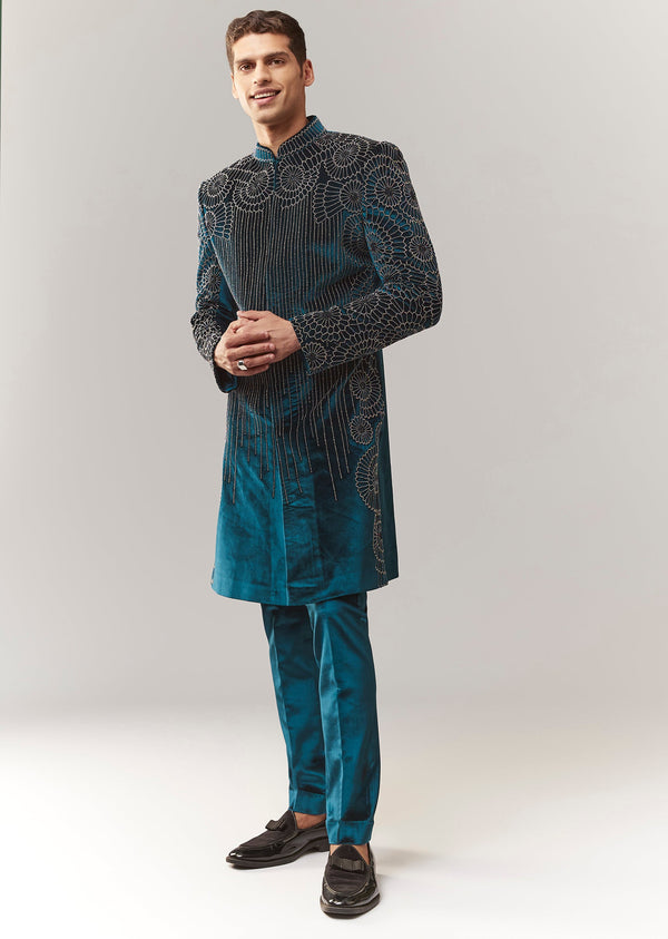 Teal Blue Velvet Indo Western With Bead Work For Groom