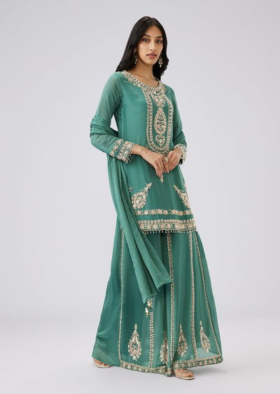 Teal Chinon Cut Dana Embroidered Palazzo Suit