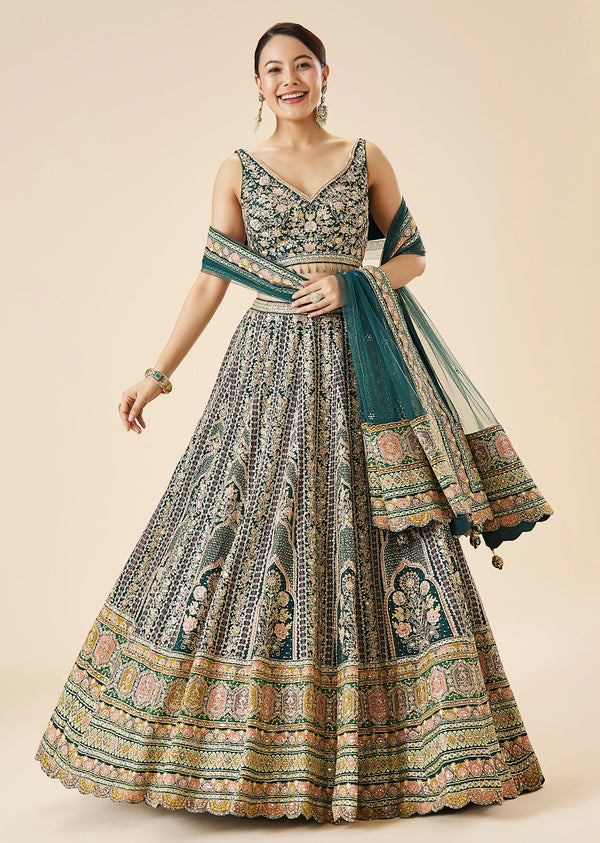 Teal Green Embroidered Lehenga Set