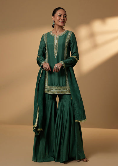 Teal Green Silk Sharara Suit Set With Embellished Motifs