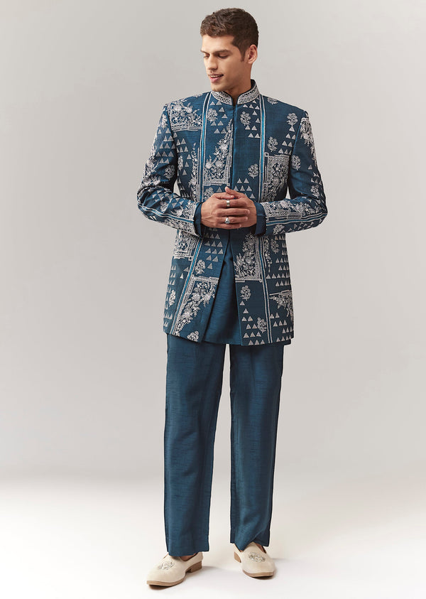 Teal Raw Silk Indo Western With Resham Work
