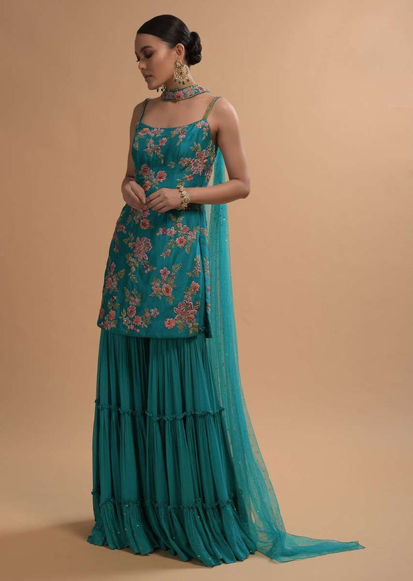 Teal Sharara Suit With Colorful Resham, Cut Dana And Moti Embroidered Spring Blossoms