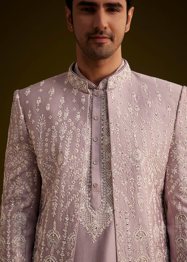 Lilac Silk Sherwani Set With Thread And Stone Work