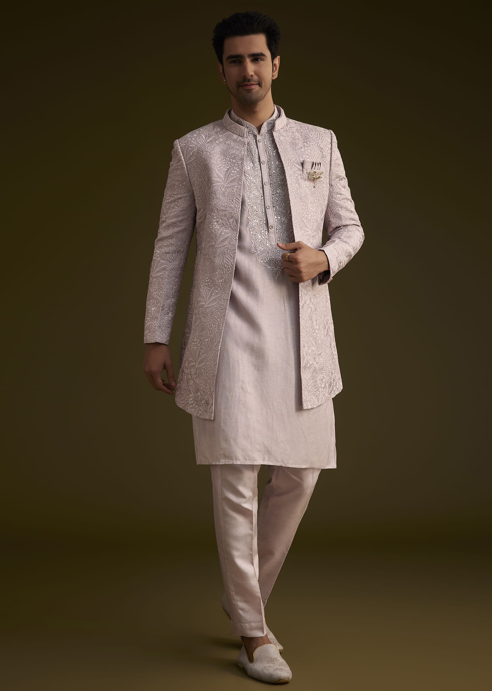 Wisteria Purple Silk Open Style Sherwani Set| KALKI Fashion Global
