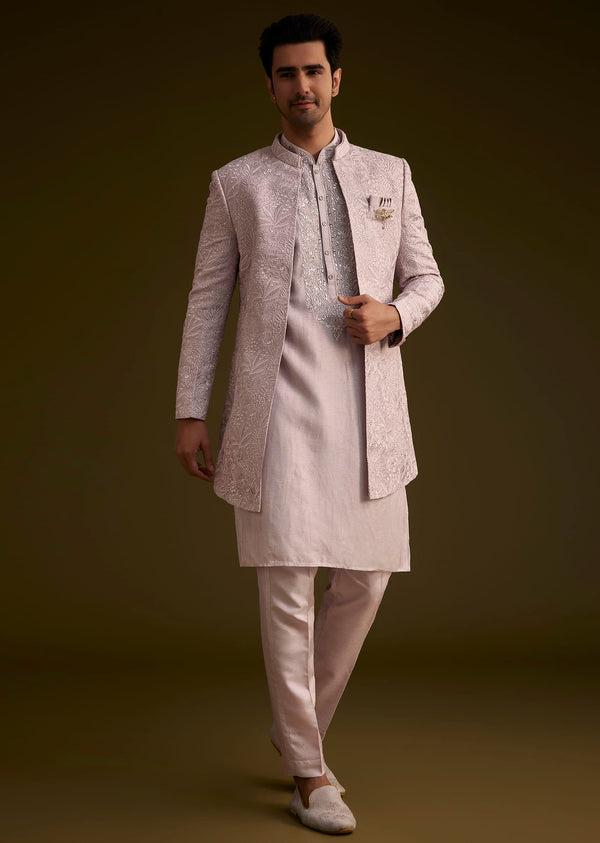 Wisteria Purple Silk Open Style Sherwani Set