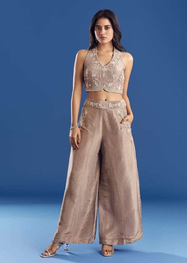 Tissue Croptop And Palazzo Suit With Cutdana Moti Embroidery