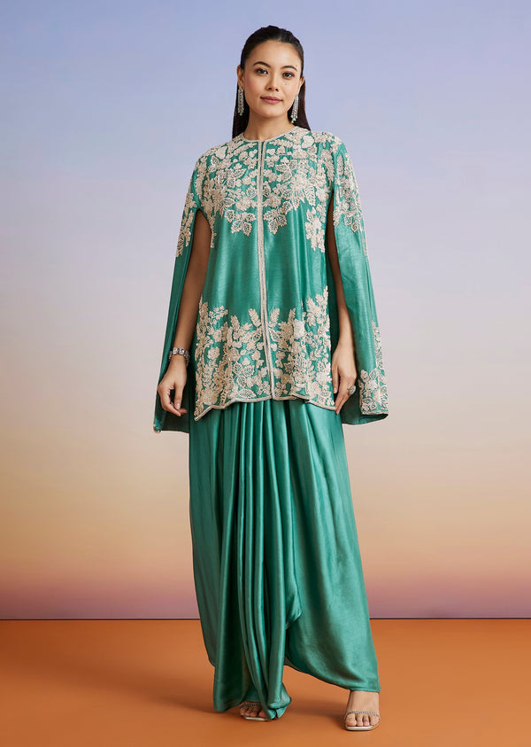 Turquoise Blue Embellished Silk Cape Style Skirt Set