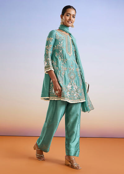 Turquoise Blue Embroidered Silk Palazzo Suit With Dupatta