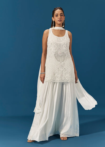 White Chinon Palazzo Suit With Cut Dana Sequin And Bead Embroidery
