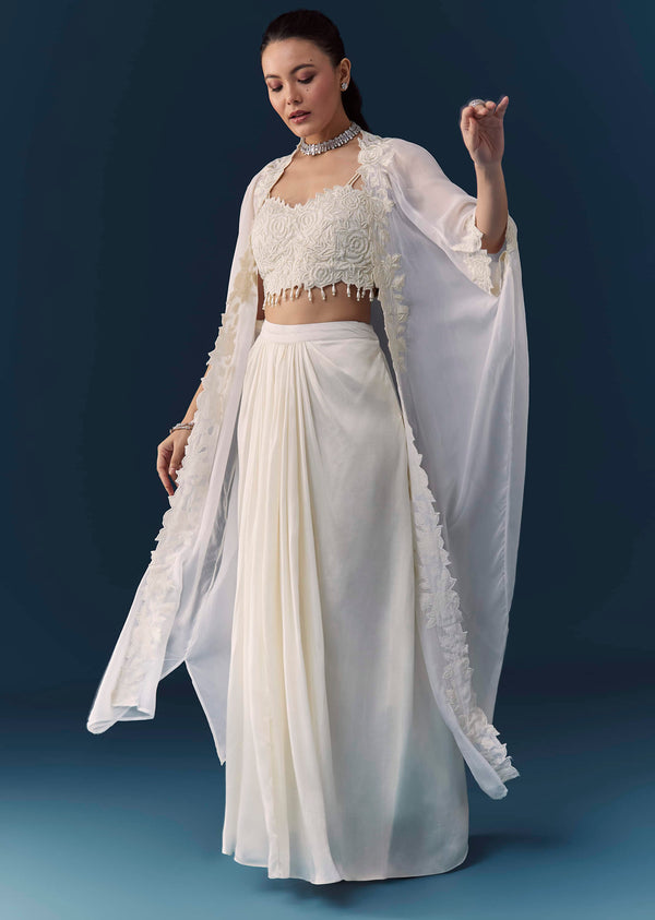 White Crop Top Draped Skirt Set with Cape
