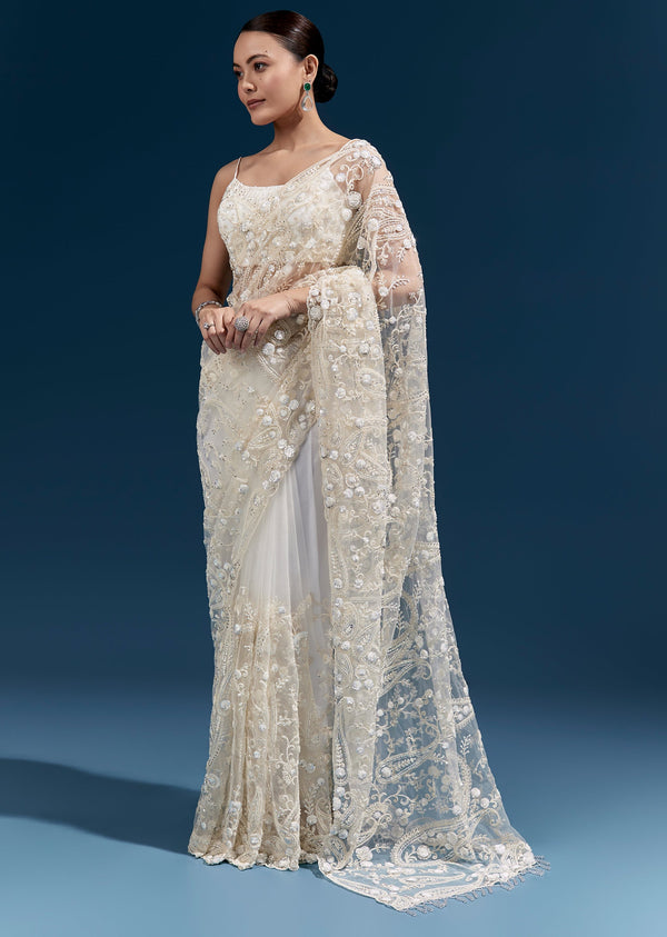 White Floral Heavy Embroidered Net Saree With Tasselled Pallu