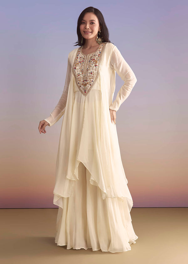 White Georgette Sharara Suit With Resham and Sequins Embroidery