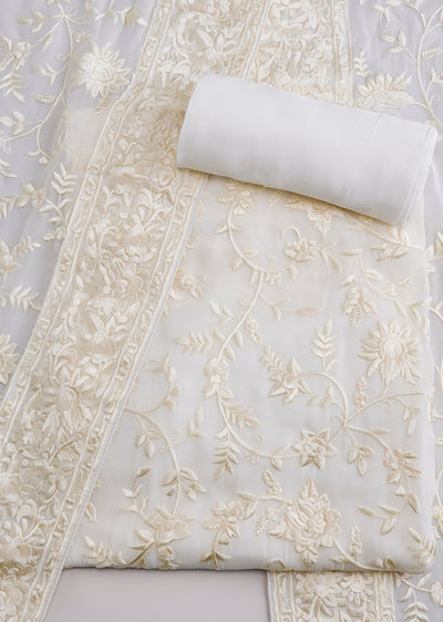 White Georgette Resham Thread Work Unstitched Suit Set