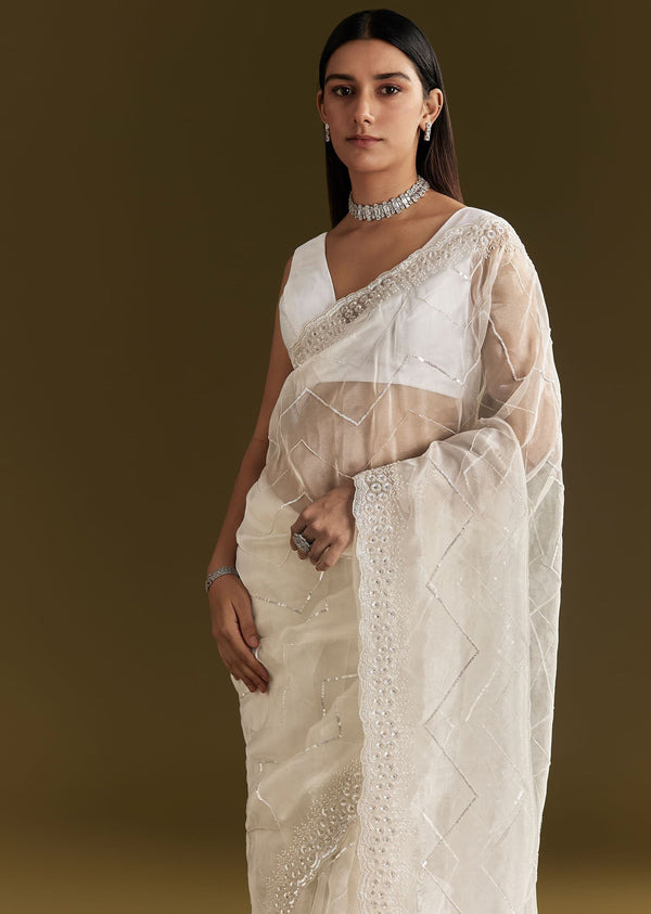 White Glass Tissue Saree With Sequins Embroidery And Scallop Border