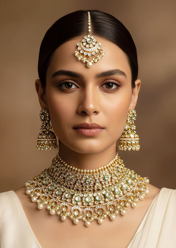 White Gold Necklace Set With Elegant Kundan Detail