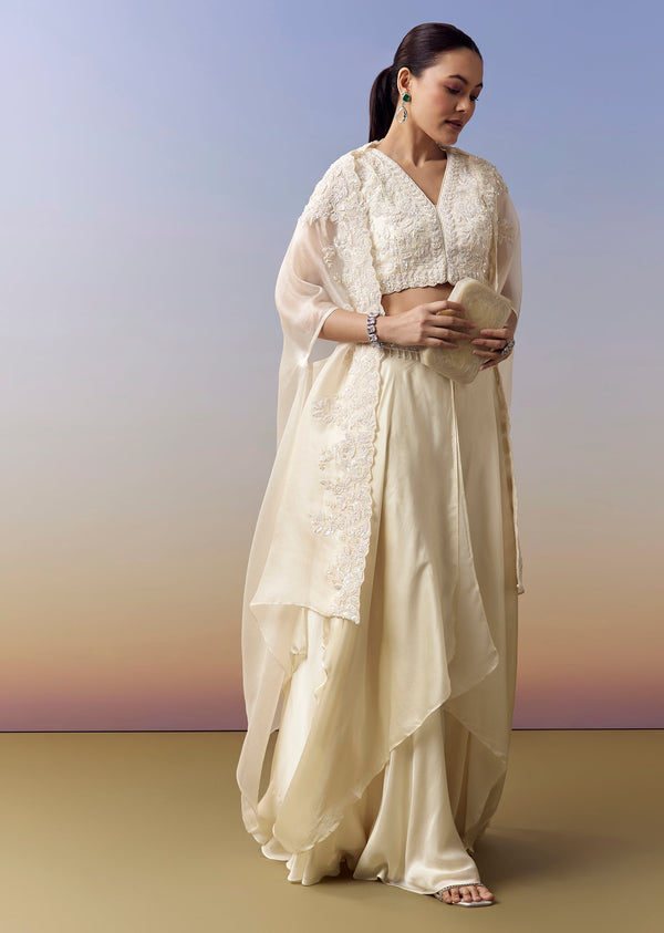 White Indo Western Crop Top Skirt Set With Moti Work And Cape