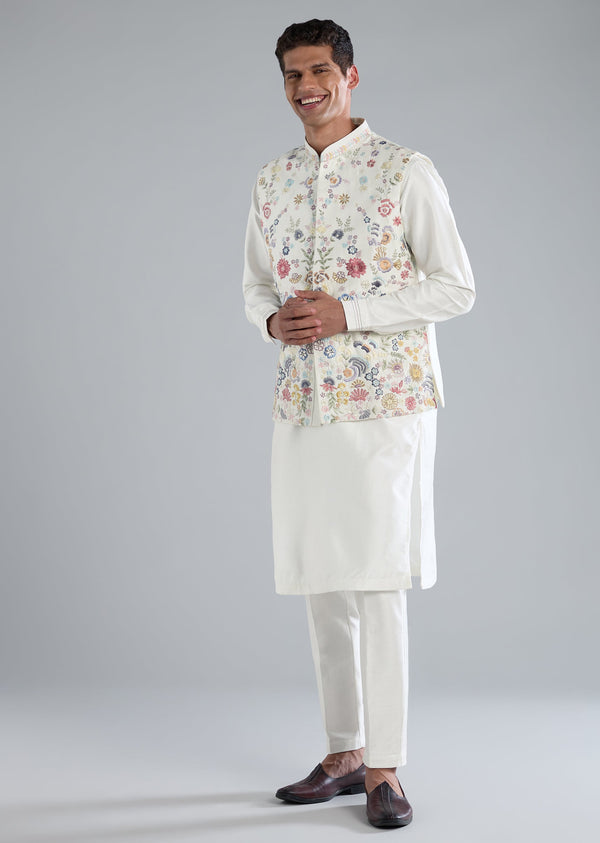 White Kurta Jacket Set With Thread Resham Work