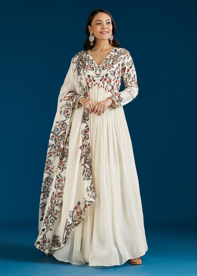 White Printed Anarkali Dupatta Set With Cutdana And Sequin Work