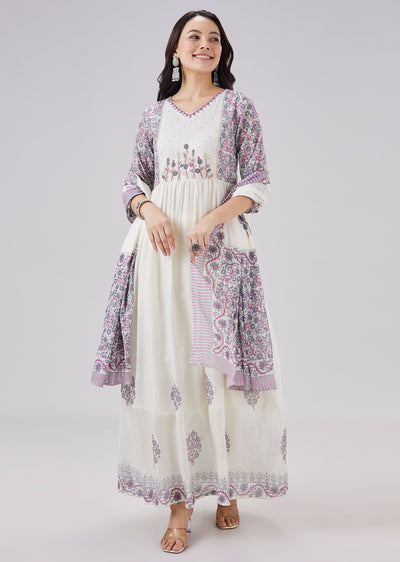 White Printed Mulmul Cotton Anarkali Set With Dupatta