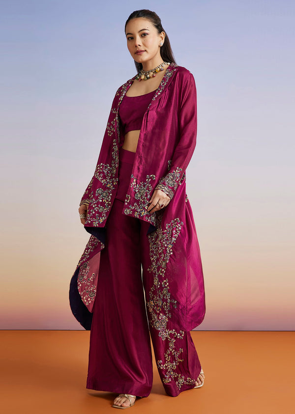 Wine Printed Silk Blend Crop Top With Palazzo And Asymmetrical Jacket