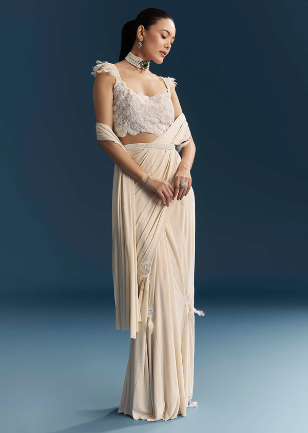White Ready Pleated Saree With Cutdana Work