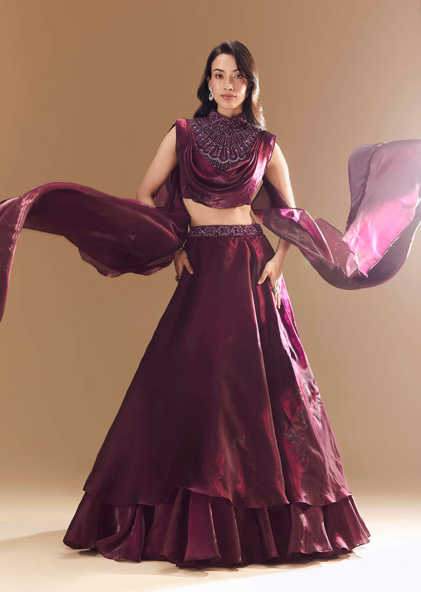 Wine Bridesmaid Organza Lehega with Cape