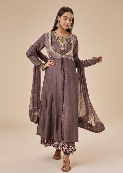 Wine Chanderi Ajrakh Print Anarkali Suit Set