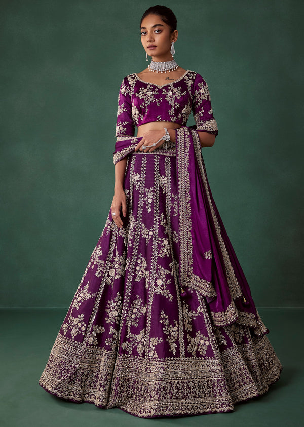 Wine Hand Embroidered Art Silk Bridal Lehenga Set