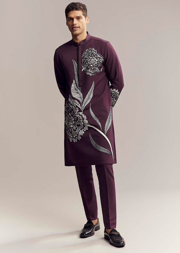 Wine Kurta Set For Men With Floral Print And Beads Work On Suiting Fabric