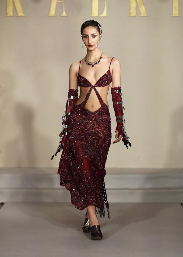Wine Net Bridal Gown With Bead And Cutdana Embroidery