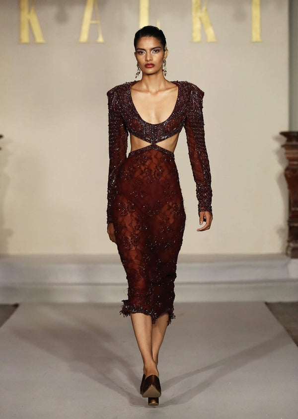 Wine Net Bridal Gown With Hand Embroidery