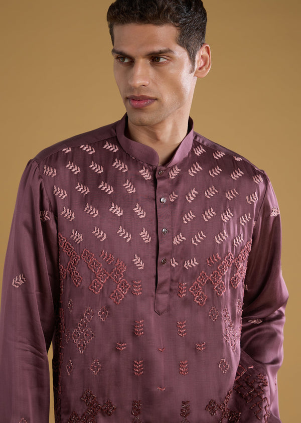 Wine Hand Embroidered Silk Kurta Pant Set
