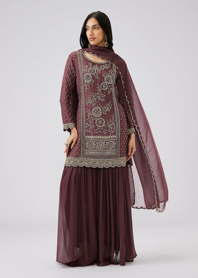 Wine Silk Sequin Embroidered Palazzo Suit Set