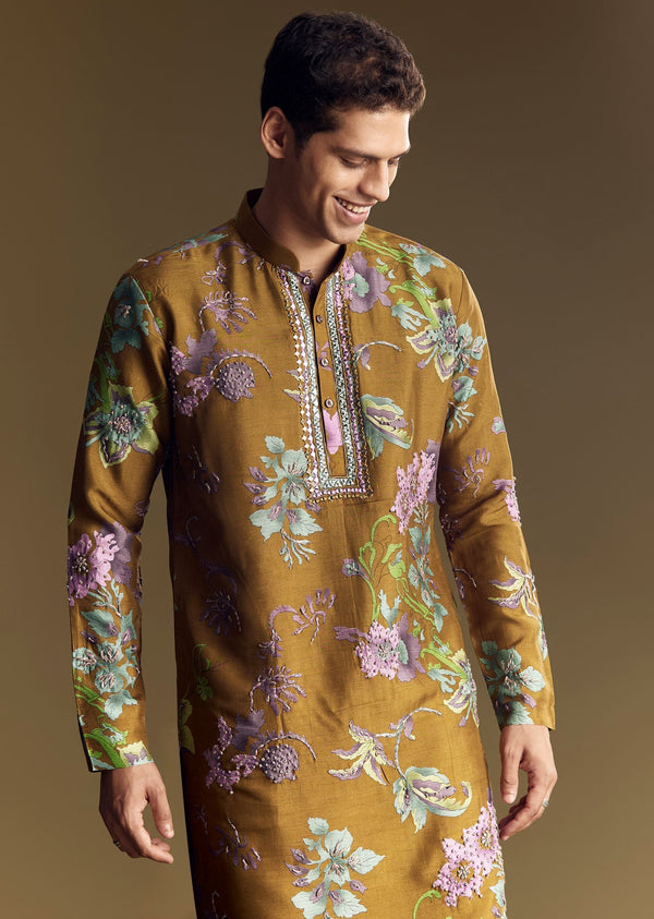 Yellow Viscose Kurta Set With Mirror And French Knot Embroidery