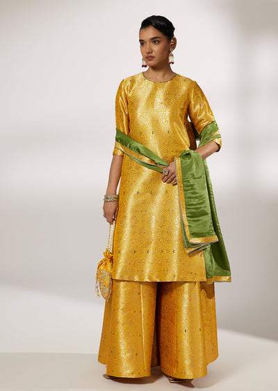 Yellow Brocade Palazzo Suit Set With Contrasting Green Dupatta