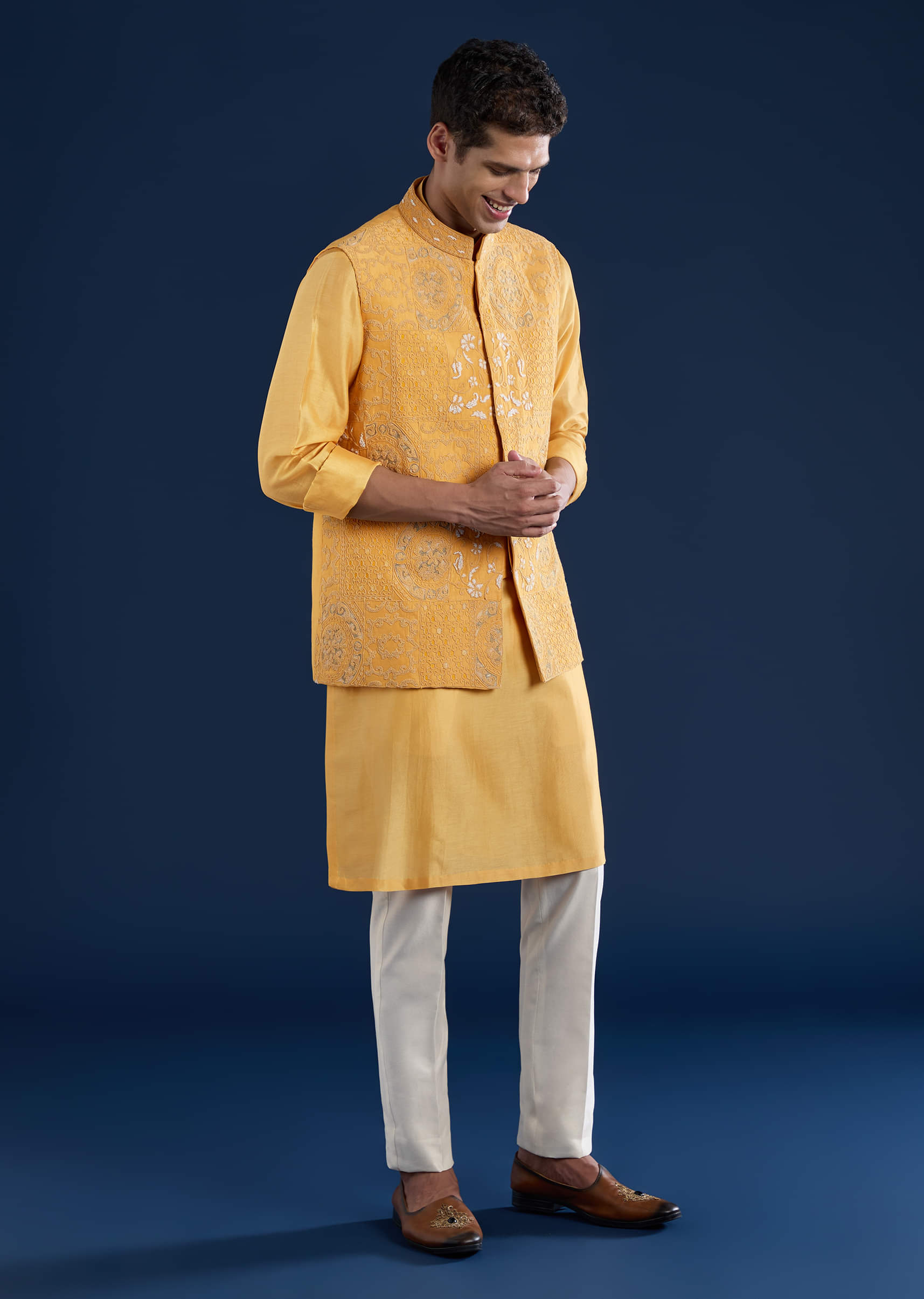 Buy Yellow Chanderi Jacket Kurta Set with Dori Work | KALKI Fashion USA ...