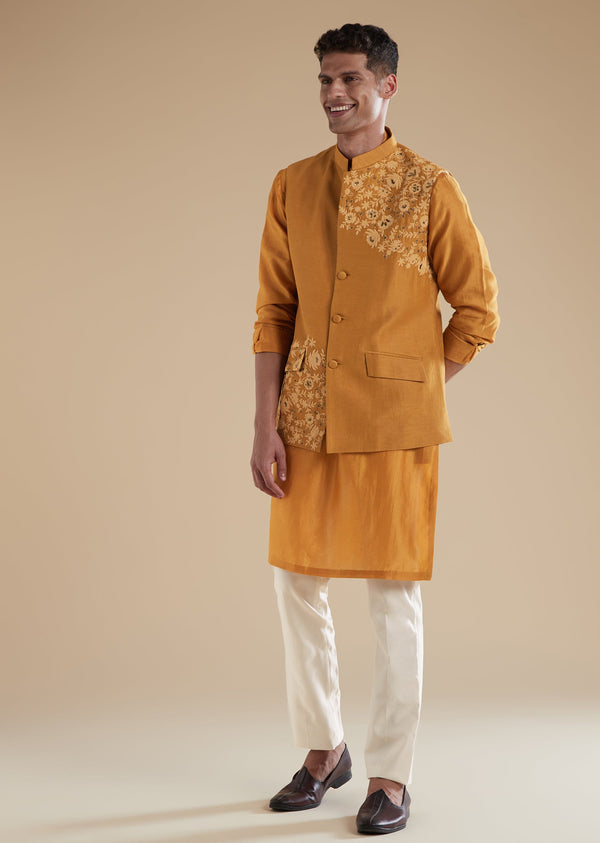 Yellow Chanderi Kurta Jacket Set With Dori Bead Work