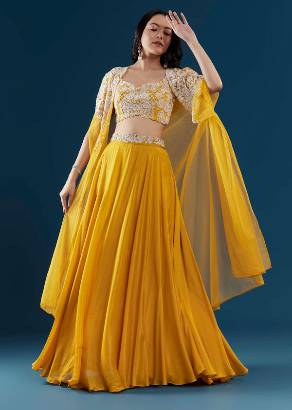 Yellow Chinon Crop Top Skirt Set with Cape