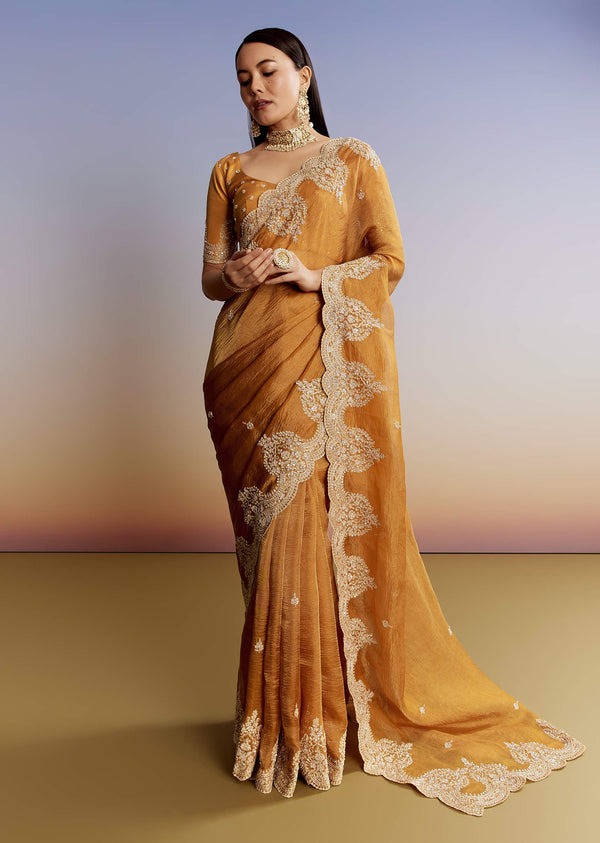 Yellow Crush Tissue Saree With Heavy Embroidered Border And Blouse