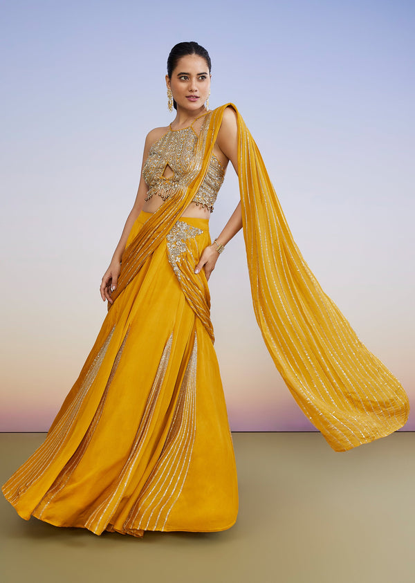 Yellow Drape Style Lehenga With Sequin Cut Dana Halter Choli