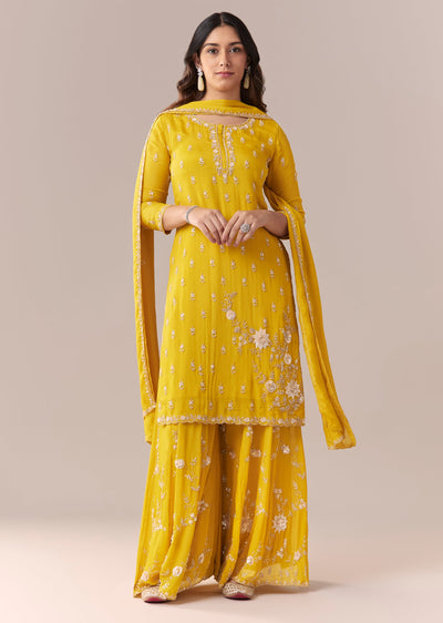 Yellow Embellished Palazzo Suit Set With Dupatta