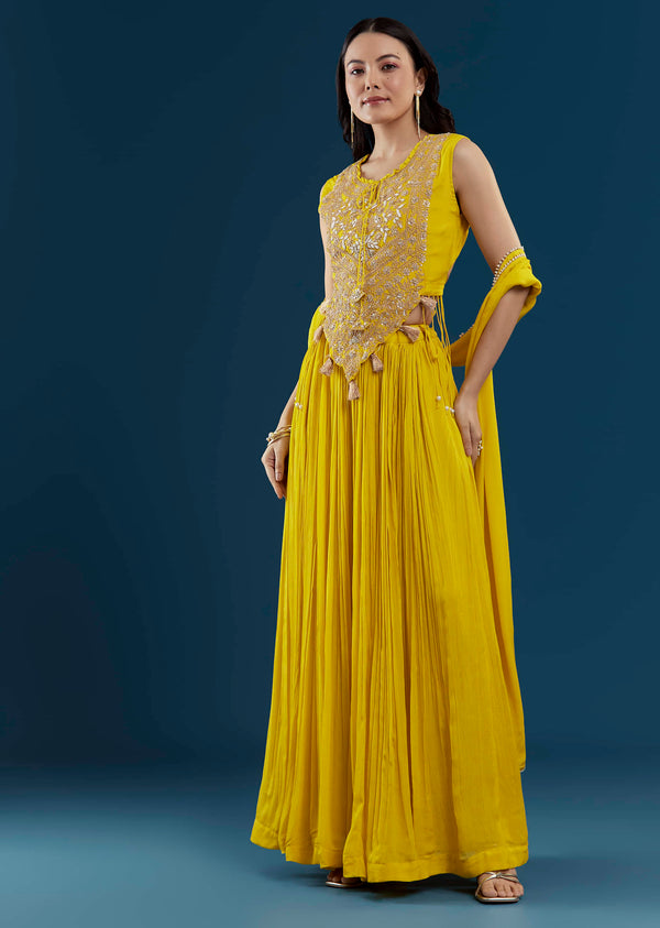 Yellow Fusion Crop Top Skirt Set with Zardozi Work