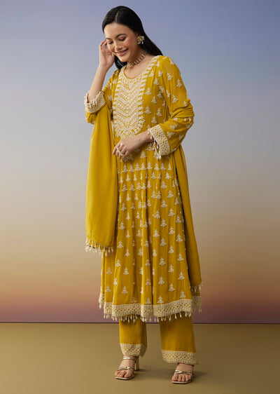 Yellow Georgette Anarkali Suit with Beads Detail Work