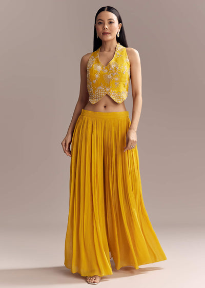 Yellow Georgette Embellished Crop Top And Palazzo Set With Cutdana Work