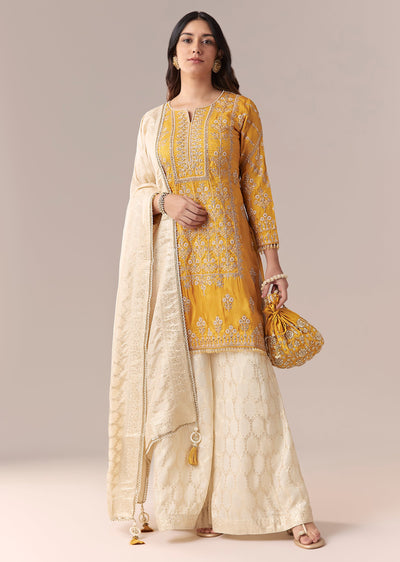 Yellow Off White Embroidered Palazzo Suit Set With Dupatta