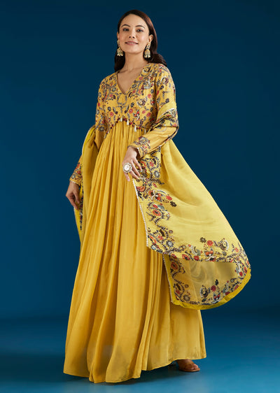 Yellow Printed Chinon Anarkali Suit With Dupatta