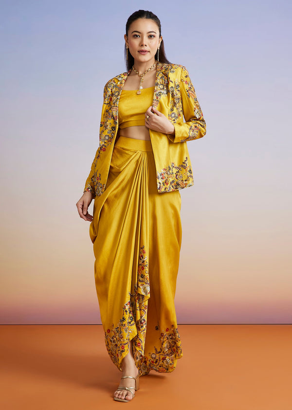 Yellow Printed Silk Blend Jacket Style Skirt Set