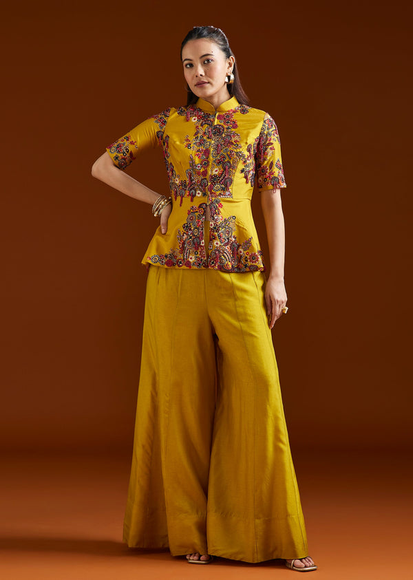 Yellow Printed Silk Blend Peplum Palazzo Set